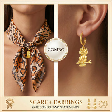 PRAO COMBO ✨ Leopard-Print Scarf Necklace With Anti-Tarnish Golden Owl Earrings