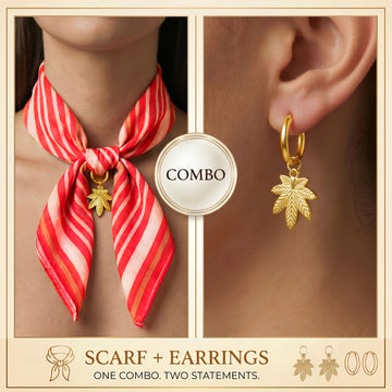 PRAO COMBO ✨ Red & White Striped Scarf Necklace With Anti-Tarnish Golden Leaf Earrings