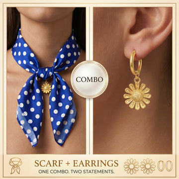 PRAO COMBO ✨ Blue & White Polka Dot Scarf Necklace With Anti-Tarnish Golden Daisy Earrings