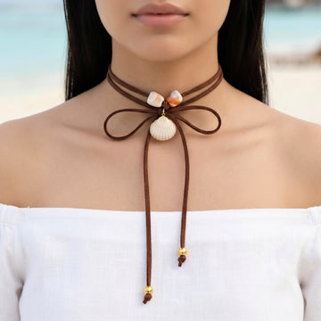 PRAO Necklace Cum Bracelet Anti-Tarnish Brown Suede Choker With Shell Pendants