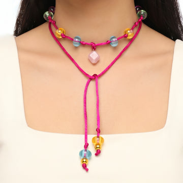 PRAO Necklace Cum Bracelet Anti-Tarnish Hot Pink Wrap With Colorful Glass & Stone Beads