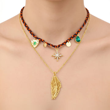 PRAO Necklace Anti-Tarnish Feather Pendant Layered Chain