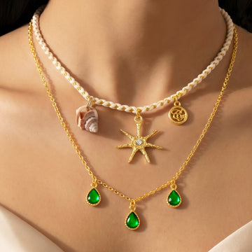 PRAO Necklace Anti-Tarnish Sunburst Charm & Green Gemstone Layered Chain