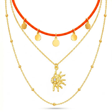 PRAO Necklace Anti-Tarnish Half-Sunburst Crystal Pendant Layered Chain
