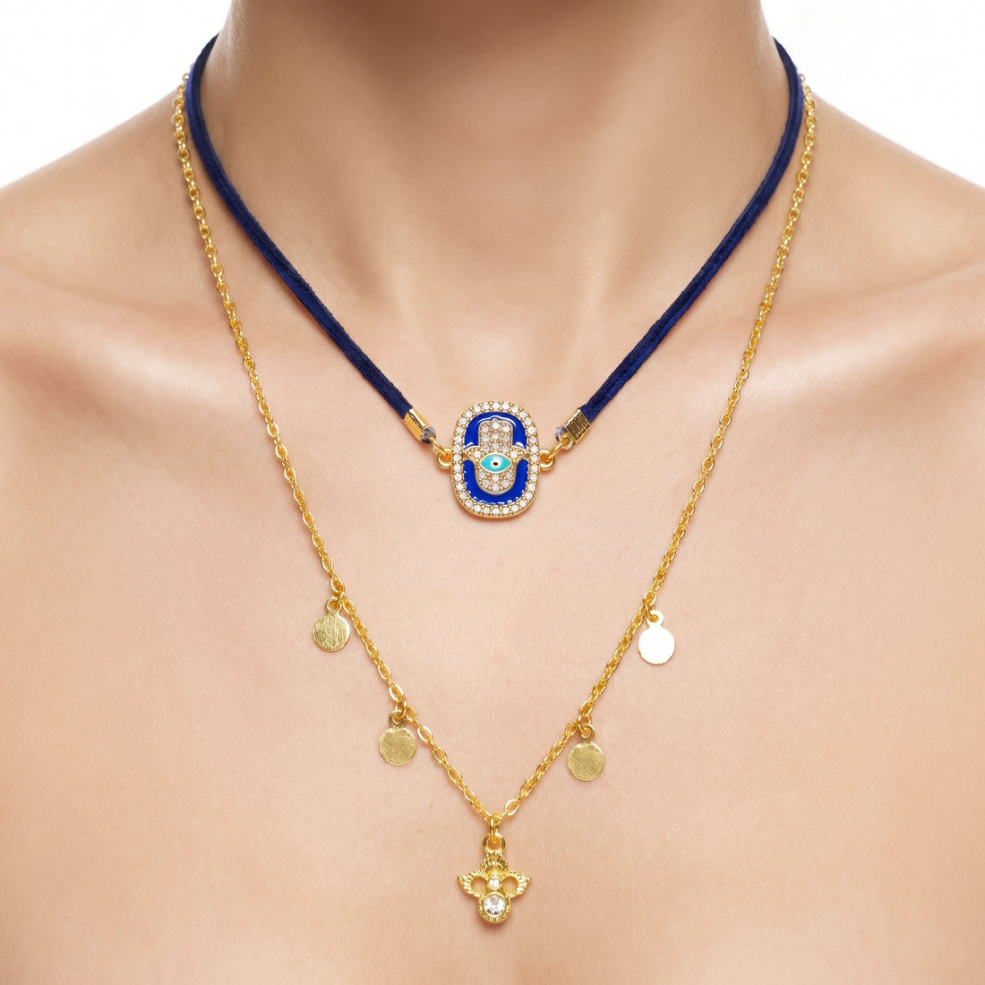 PRAO Necklace Anti-Tarnish Hamsa Hand Crystal Layered Chain