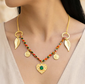 PRAO Necklace Anti-Tarnish Multicolor Cord Chain With Feather, Heart & Green Gem Pendant