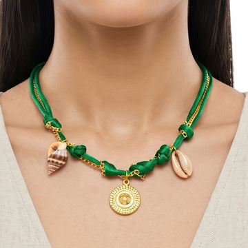 PRAO Necklace Anti-Tarnish Green Cord Choker With Shells & Textured Pendant