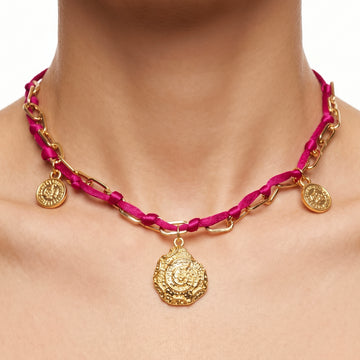 PRAO Necklace Anti-Tarnish Fuchsia Pink Cord Chain With Coin Charms & Teardrop Pendant