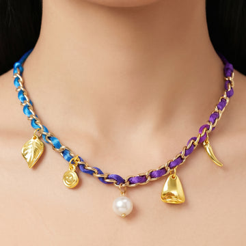 PRAO Necklace Anti-Tarnish Ribbon-Woven Chain With Mixed Charms