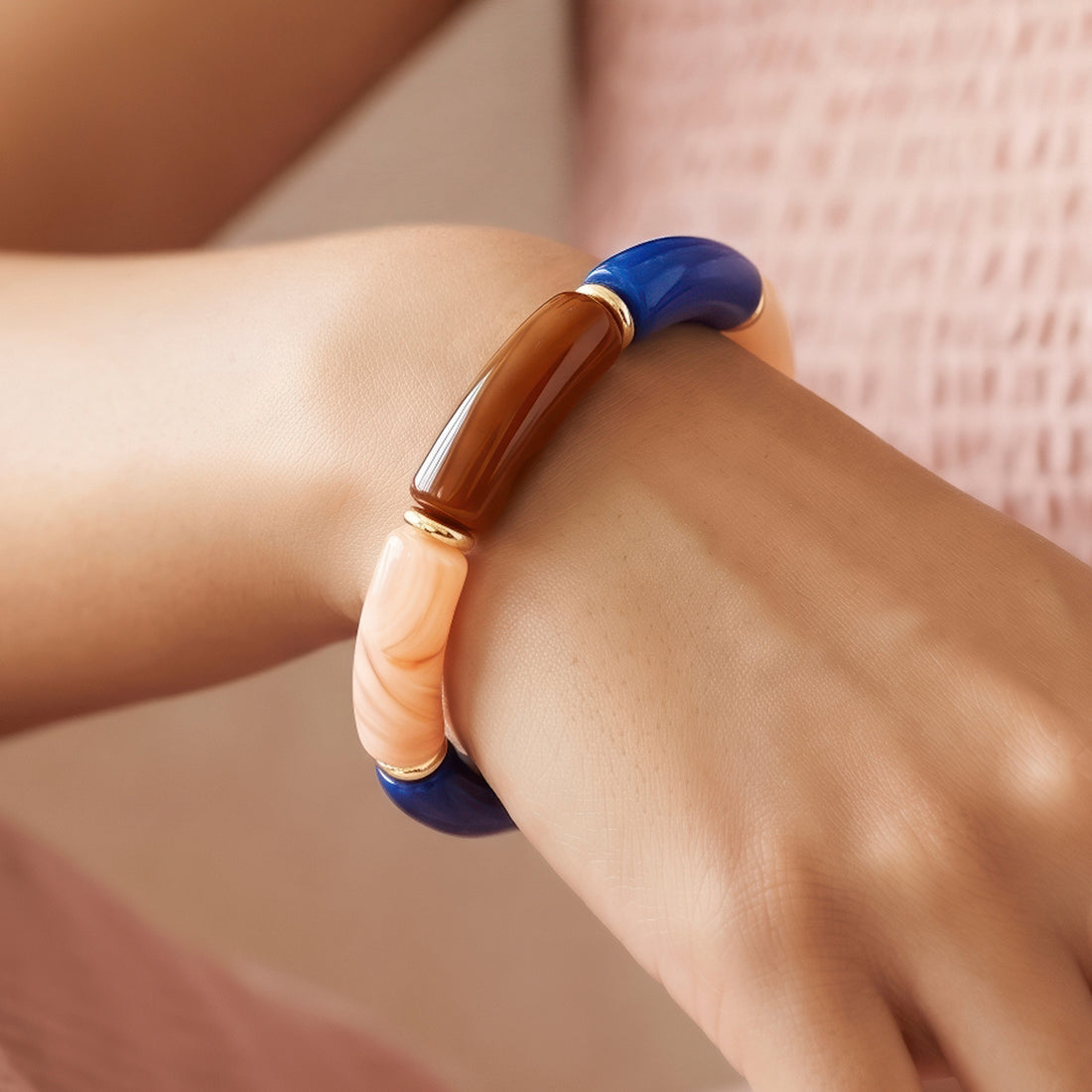 PRAO Bracelet Anti-Tarnish Cream, Cobalt Blue & Tortoiseshell Tube Bead Stretchable Bangle (Adjustable Size)
