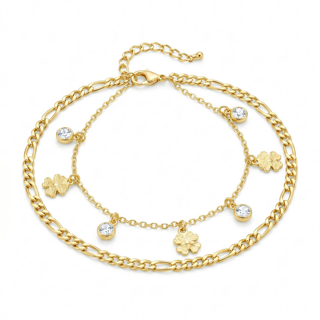 PRAO Anklet Anti-Tarnish Clover Charm Double-Strand Chain