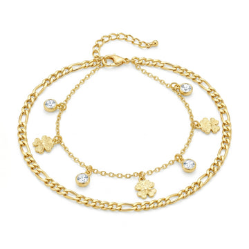 PRAO Anklet Anti-Tarnish Clover Charm Double-Strand Chain