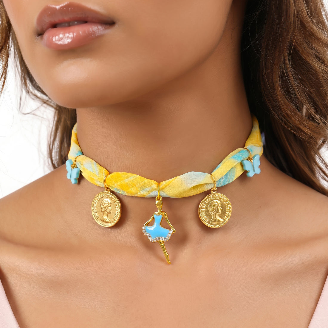 PRAO Necklace Cum Bracelet Anti-Tarnish Yellow And Light Blue Printed Fabric With Ballerina Pendant