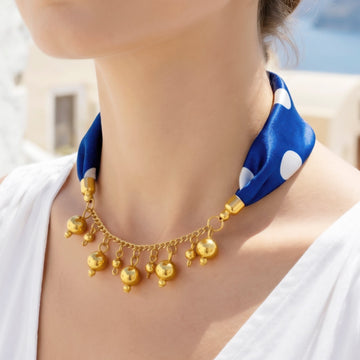 PRAO Necklace Cum Bracelet Anti-Tarnish Navy Blue Polka Dot Scarf With Dangling Bead Chain
