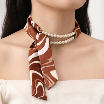 PRAO Necklace Cum Bracelet Anti-Tarnish Brown Printed Scarf With Hanging Faux Pearl Loop