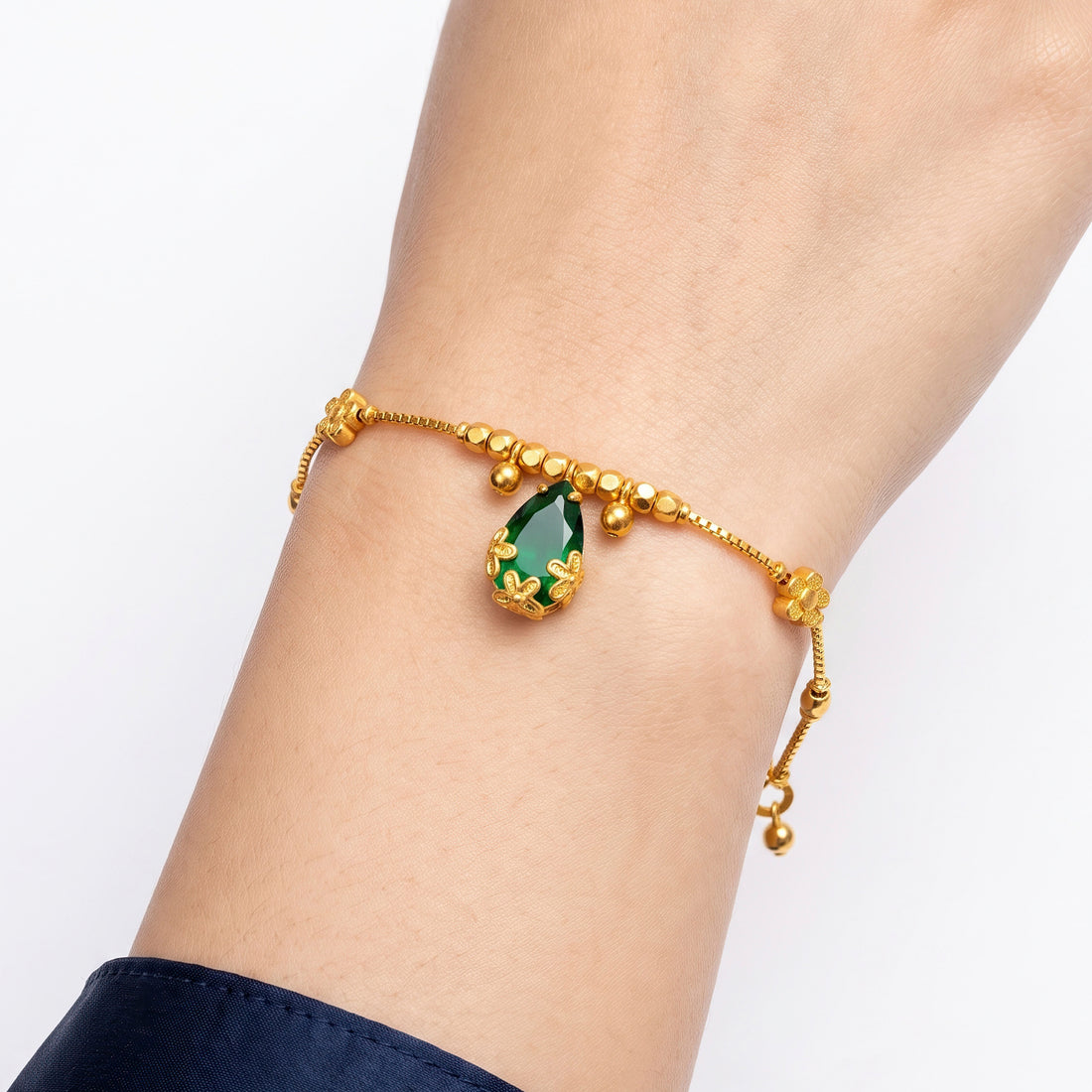 PRAO Bracelet Anti-Tarnish Emerald Flower Chain (Adjustable Size)