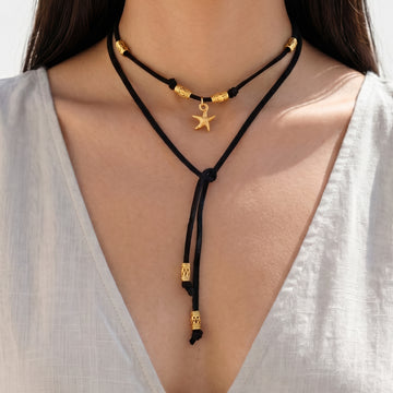PRAO Necklace Cum Bracelet Anti-Tarnish Black Suede Pendant With Textured Cylindrical Beads And Starfish Detail