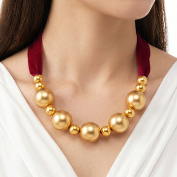 PRAO Necklace Anti-Tarnish Maroon Fabric Pendant With Bead Accents