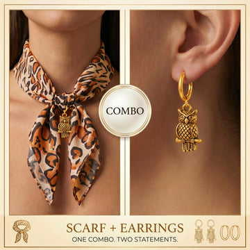 PRAO COMBO ✨ Leopard-Print Scarf Necklace With Owl Earrings