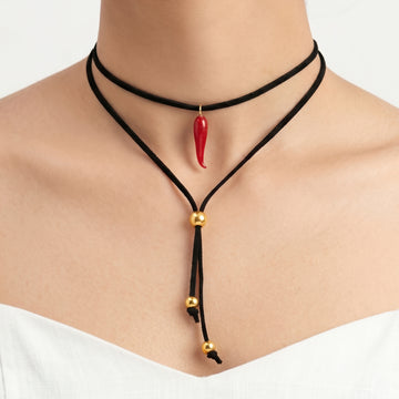 PRAO Necklace Cum Bracelet Anti-Tarnish Multi-Wrap Black Cord Pendant With Red Italian Horn And Slider