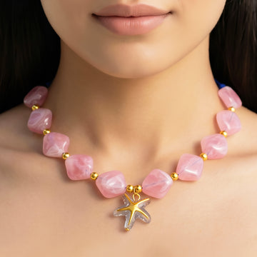 PRAO Necklace Anti-Tarnish Pink Acrylic Beaded Chain Featuring A Starfish Pendant
