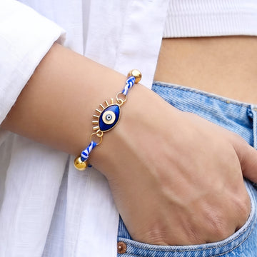PRAO Bracelet Cum Anklet Anti-Tarnish Evil Eye Bangle With Blue And White Twisted Cords And Accent Beads (Adjustable Size)