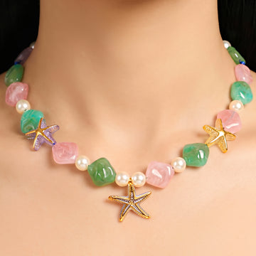 PRAO Necklace Cum Bracelet Anti-Tarnish Blue Cord Chain With Colorful Stones, Pearls, And Starfish Pendants