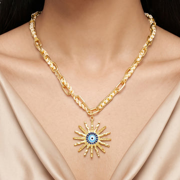 PRAO Necklace Anti-Tarnish Sunburst Evil Eye Chain