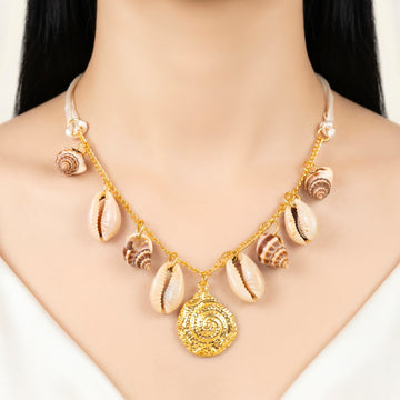 PRAO Necklace Anti-Tarnish White Cord And Link Chain With Seashell Charms And Round Medallion Pendant