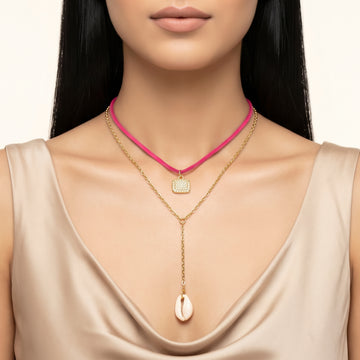PRAO Necklace Anti-Tarnish Layered Chain With Pink Cord, Square Pendant, And Cowrie Shell Drop