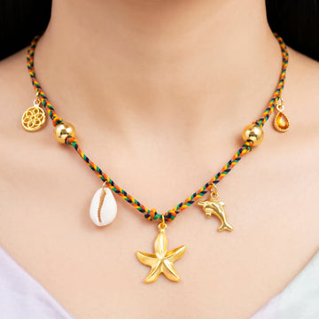 PRAO Necklace Anti-Tarnish Braided Multicolored Cord Chain With Starfish, Dolphin, Cowrie Shell, And Amber Charm