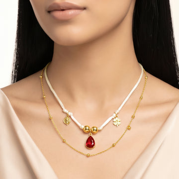 PRAO Necklace Anti-Tarnish Layered Chain With White Cord, Red Teardrop Charm, Flower Charm, And Satellite Chain