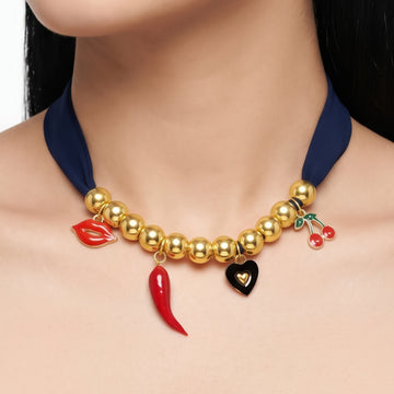 PRAO Necklace Cum Bracelet Anti-Tarnish Mixed Charm Chain With Beaded Accents And Navy Blue Fabric Ribbon Strap