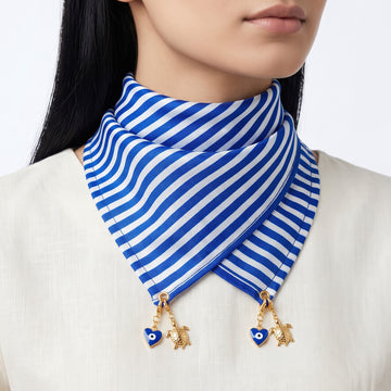 PRAO Scarf Necklace Anti-Tarnish Blue And White Diagonal Stripe With Heart Evil Eye Detachable Charms