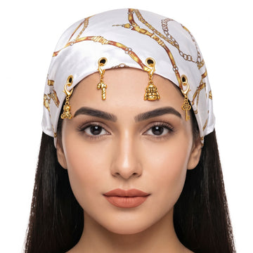 PRAO Scarf Necklace Anti-Tarnish White Print Satin Wrap With Four Decorative Clip-On Detachable Charms