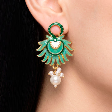 PRAO Earrings Anti-Tarnish Green Enamel Pearl Dangles