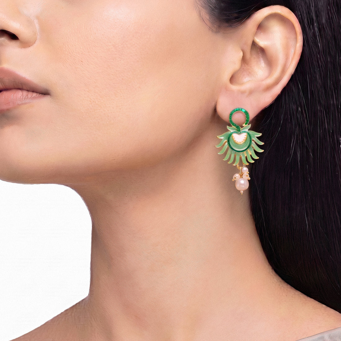 PRAO Earrings Anti-Tarnish Green Enamel Pearl Dangles