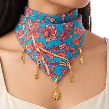 PRAO Scarf Necklace Anti-Tarnish Blue And Coral Floral With Assorted Clip-On Detachable Charms