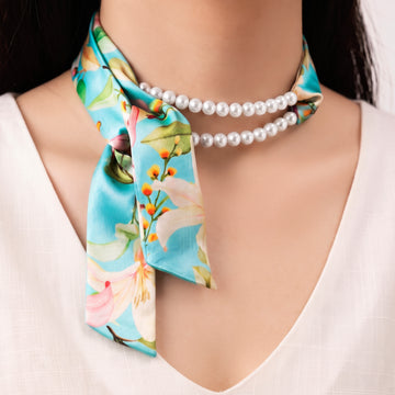 PRAO Necklace Cum Bracelet Anti-Tarnish Turquoise Satin Floral With Pearl Loop Accent