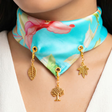 PRAO Scarf Necklace Anti-Tarnish Light Blue Satin Floral With Three Botanical Detachable Charms