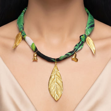 PRAO Necklace Cum Bracelet Anti-Tarnish Green And Black Botanical Print Chain With Leaf Pendant, Teddy Bear And Boot Charms
