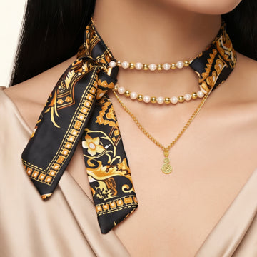 PRAO Necklace Cum Bracelet Anti-Tarnish Black And Gold Printed Silk Scarf Tie With Double Pearl Strands And Spiral Pendant Chain
