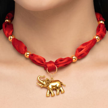PRAO Necklace Anti-Tarnish Red Fabric Chain With Bead Accents And Elephant Charm