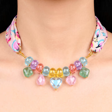 PRAO Necklace Cum Belt Multicoloured Beaded Fabric Scarf With Pastel Stone Charms