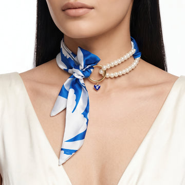PRAO Necklace Cum Bracelet Silk Scarf With Pearl Strands And Evil Eye Heart Charm