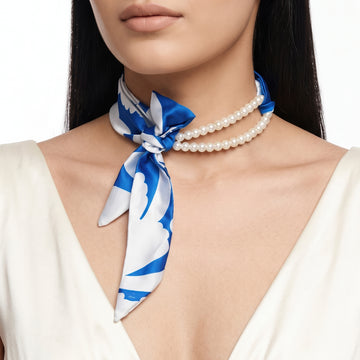 PRAO Necklace Silk Scarf With Pearl Strands And Evil Eye Heart Charm