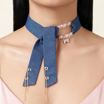 PRAO Necklace Cum Bracelet Denim Scarf With Butterfly Charm And Crystal Beads