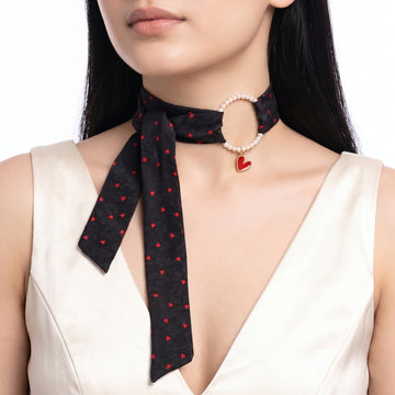 PRAO Necklace Cum Bracelet Anti-Tarnish Black Polka Dot Heart Neck Scarf With Pearl And Red Heart Charm