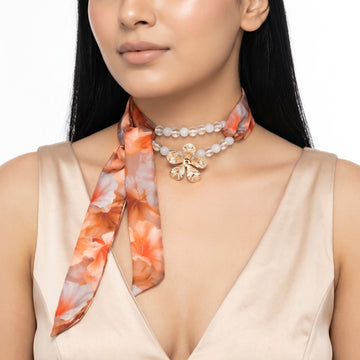 PRAO Necklace Cum Bracelet Anti-Tarnish Brown And Grey Floral Neck Scarf With Double Strand Beaded And Gold Flower Charm