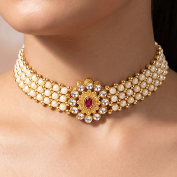 PRAO Necklace Anti-Tarnish Pearl Floral Choker